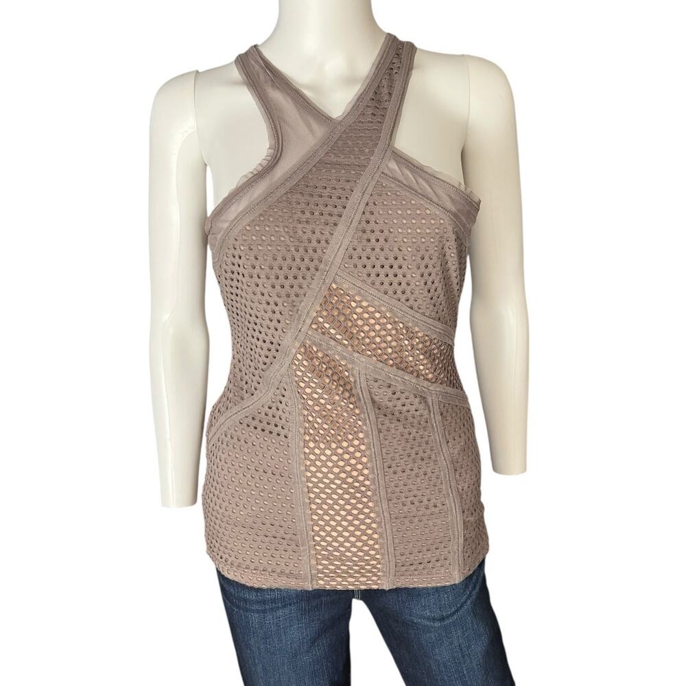 BCBG Maxazria Katlin Grey Taupe Mesh Overlay Tank Top Blouse Size Small
